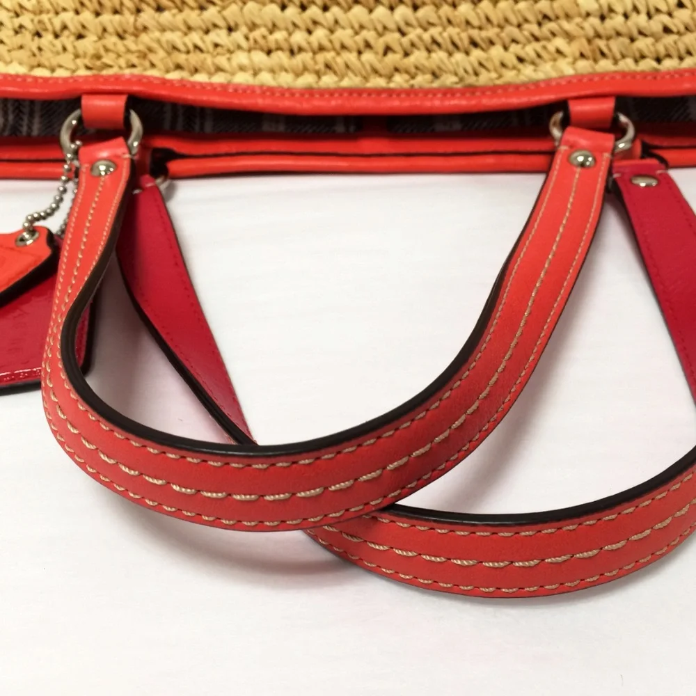 Coach Woven Straw Pocket Tote Natural Coral Leather Trim Turnlock Beach Bag